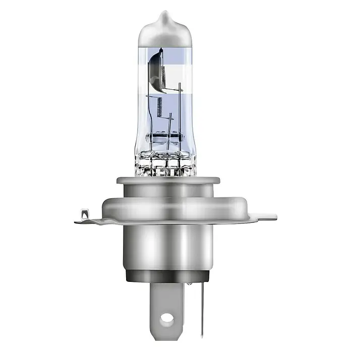Osram Hauptscheinwerfer-Lampen Raystar Advanced - H4, 2 Stk. - Nahaufnahme einer H4-Halogenlampe, die für ihre Helligkeit und lange Lebensdauer im Kfz-Bereich bekannt ist.\n
