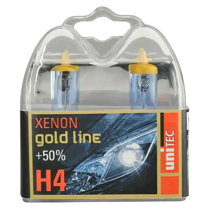 UniTEC Hauptscheinwerfer-Lampen Xenon Gold Line - H4, 2 Stk. - Abbildung eines Xenon Gold Line +50% H4 Scheinwerferlampen-Doppelpacks von Unitec für eine verbesserte Lichtausbeute und Sicherheit.