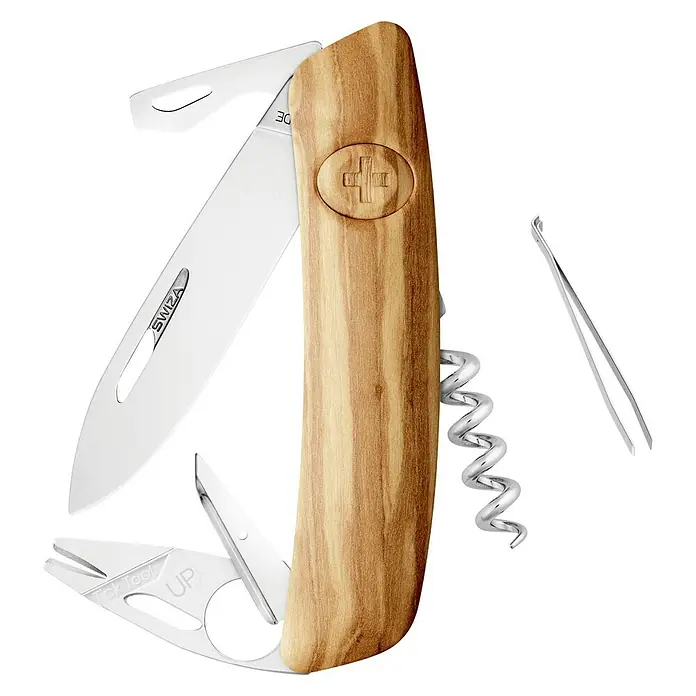 Swiza Taschenmesser Tick Tool 03 - Klingenlänge: 75 mm, Holzoptik - Das Swiza Swiss Knife, ein vielseitiges Taschenmesser mit Holzgriff, Klinge, Korkenzieher und Pinzette, ist ein zuverlässiger Begleiter für Abenteuer.