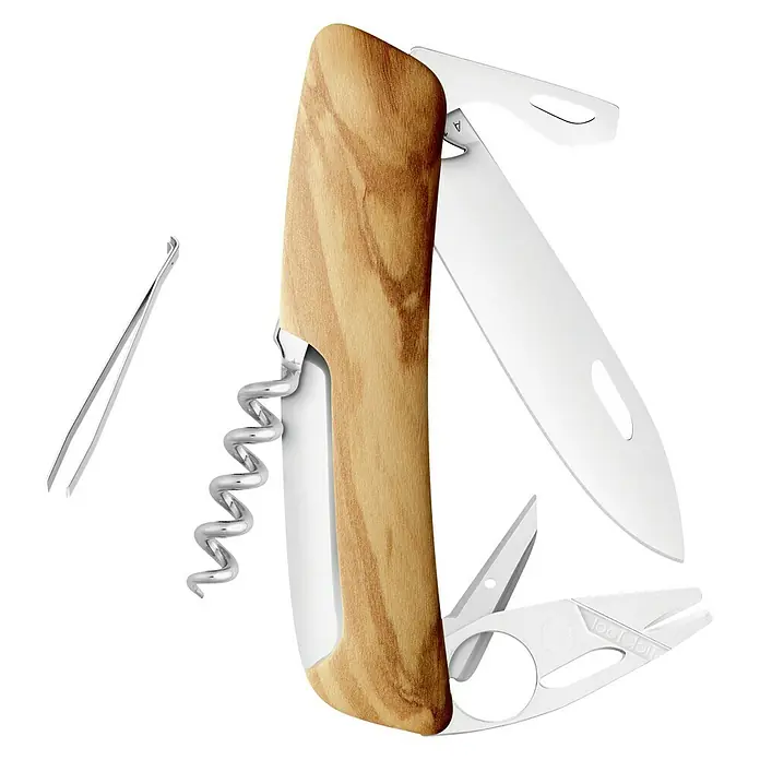 Swiza Taschenmesser Tick Tool 03 - Klingenlänge: 75 mm, Holzoptik - Multifunktionsmesser mit Holzgriff, Korkenzieher, Pinzette, Schere und Klinge. Ein praktisches Werkzeug für unterwegs.