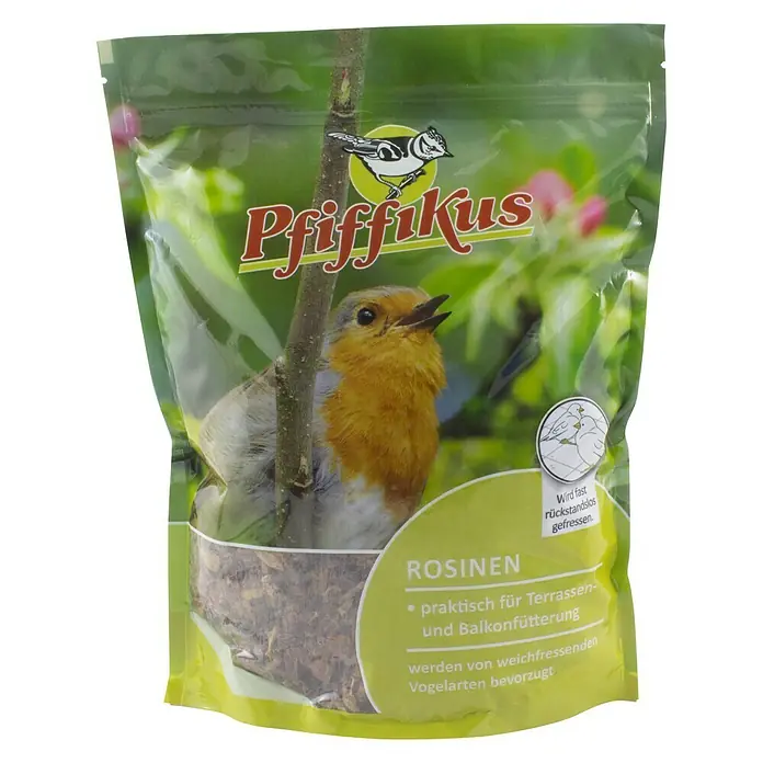 Pfiffikus Wildvogelfutter Rosinen - 750 g - Abbildung einer Tüte "Pfiffikus Rosinen" Vogelfutter, ideal für Terrassen- und Balkonfütterung, wird von weichfressenden Vogelarten bevorzugt.