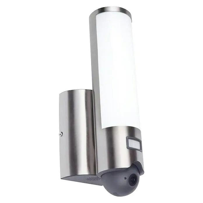 Lutec Aplique exterior LED con cámara - 18 W, 140 x 76 x 334 mm, Plateado, IP44 - Una lámpara de pared con cámara de seguridad integrada. La lámpara es plateada y tiene un diseño elegante y moderno, proporcionando seguridad e iluminación.