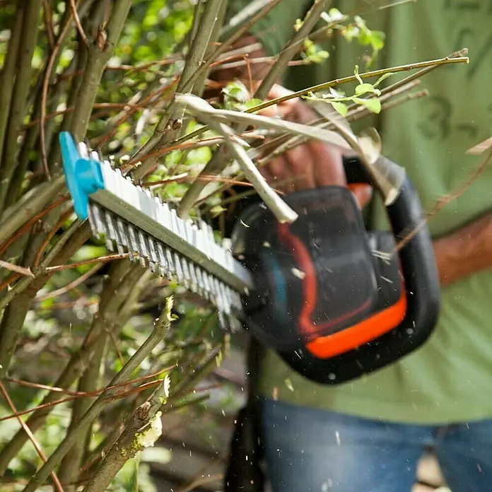 Gardena PowerCut Cortasetos eléctrico 700/65 - 700 W, Longitud de corte: 65 cm - Un cortasetos en acción, cortando ramas. La herramienta es una ayuda indispensable para todo jardinero en el mantenimiento de setos.