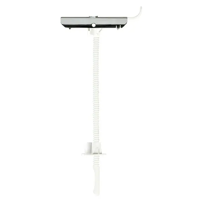 Cobra Federklappdübel FlipToggle - M6 x 60 mm, 2 Stk., Durchmesser Bohrloch: 13 mm - Detailaufnahme einer verstellbaren, weißen Warenpräsentations-Klammer mit einem verchromten Clip und einem flexiblen Hals auf schwarzem Hintergrund.