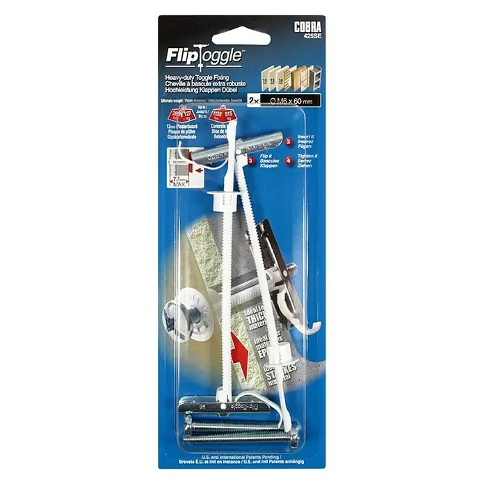 Cobra Federklappdübel FlipToggle - M6 x 60 mm, 2 Stk., Durchmesser Bohrloch: 13 mm - FlipToggle Schwerlast-Kippdübel 425SE für robuste Befestigungen in verschiedenen Materialien. Geeignet für Heimwerker- und Profi-Projekte.