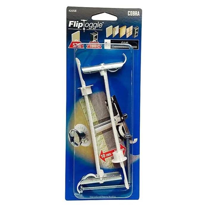 Cobra Federklappdübel FlipToggle - M5 x 60 mm, 2 Stk., Durchmesser Bohrloch: 12 mm - Nahaufnahme einer Flip Toggles Dübel-Packung für sichere Befestigung in Wänden, ideal für Heimwerkerprojekte und Installationen.