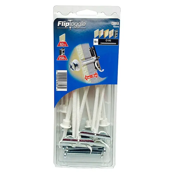 Cobra Federklappdübel FlipToggle - M6 x 60 mm, 10 Stk., Durchmesser Bohrloch: 12 mm - Eine Packung FlipToggle Cobra 425RE Kippdübel. Die Packung enthält 10 Kippdübel und Schrauben für sichere Befestigung in Hohlwänden.