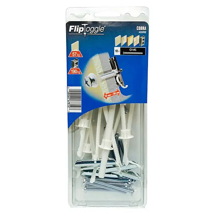 Cobra Federklappdübel FlipToggle - M5 x 60 mm, 10 Stk., Durchmesser Bohrloch: 12 mm - Abbildung der FlipToggle COBRA 420RE Kippdübel-Packung mit verschiedenen Befestigungselementen für sichere Wandmontage.