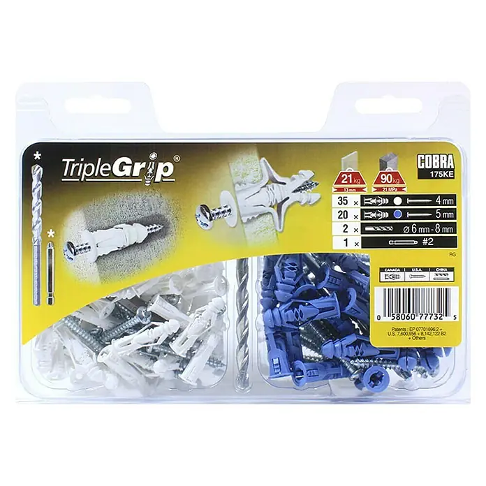 Cobra Universaldübel Triple Grip 175K - 40 Stk. - Eine Packung TripleGrip Dübel 175KE von Cobra, inklusive Dübeln, Schrauben und Bohrer, für zuverlässige Befestigungen in verschiedenen Materialien.