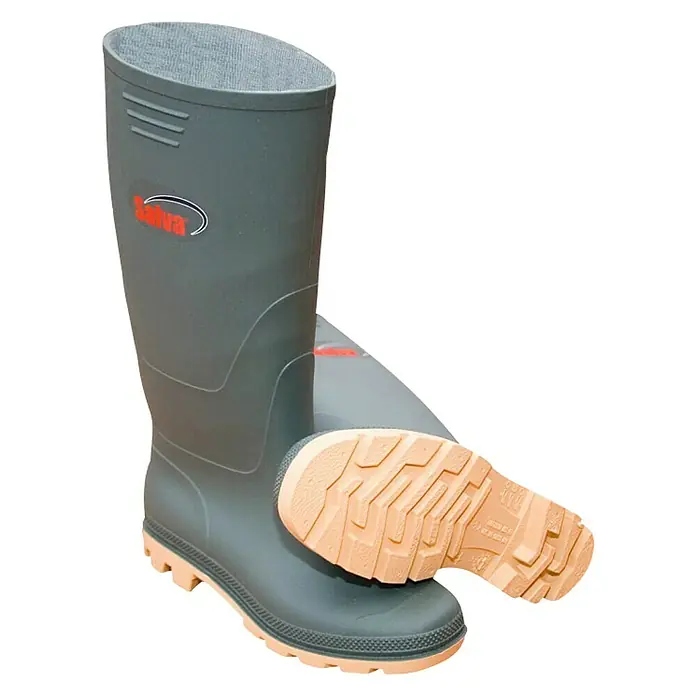 Industrial Starter Botas de agua - 43, Verde, Alto - Botas de goma grises Salva con suela marrón claro estriada. Ideales para jardinería y actividades al aire libre, robustas e impermeables.