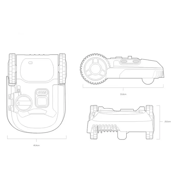 Worx PowerShare 20V Robot cortacésped Landroid M500 - 500 m², Ancho de corte: 18 cm, Navegación por inducción, Cable de antena - Ilustración de un robot cortacésped con dimensiones. La imagen muestra las dimensiones del robot desde diferentes perspectivas.