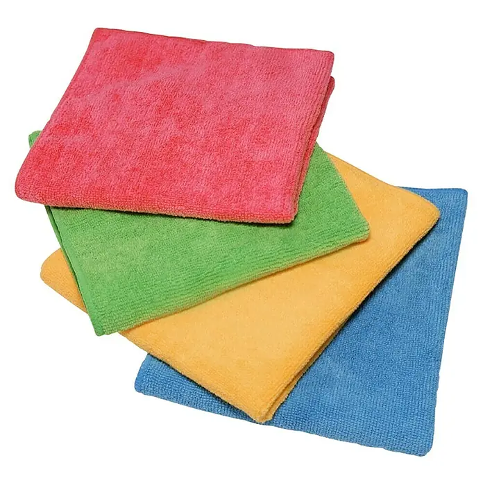 Vileda Paño de microfibra Style - An x L: 34 x 36 cm, Material: Materiales naturales, 4 ud., Multicolor - Pila de paños de microfibra de colores en rojo, verde, amarillo y azul, ideales para limpiar y pulir diferentes superficies.