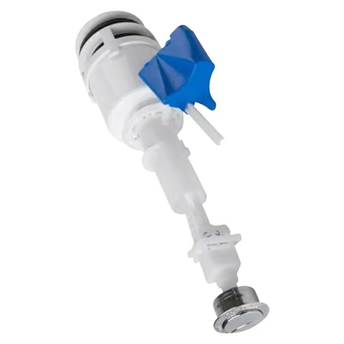 Cersanit Ablaufventil - Passend für: Stand-WC-Kombination Koral, Parva & Carina, Spülkasten, 3 l - 6 l - Ein weißes WC-Füllventil mit einem blauen Einstellrad und einem silbernen Bodenventil, dargestellt auf schwarzem Hintergrund.