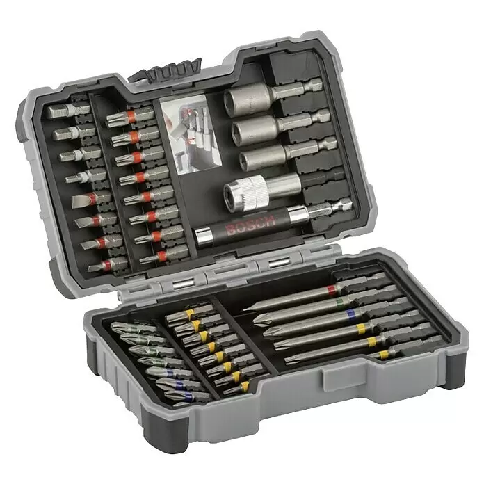 Bosch Set de puntas - 43 pzs. - Estuche gris y negro abierto mostrando un juego de puntas de destornillador Bosch con varios tipos, vasos y un portapuntas magnético.
