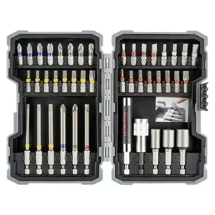 Bosch Set de puntas - 43 pzs. - Estuche abierto gris y negro de puntas de destornillador Bosch, con puntas Phillips, Torx, planas y llaves de vaso.