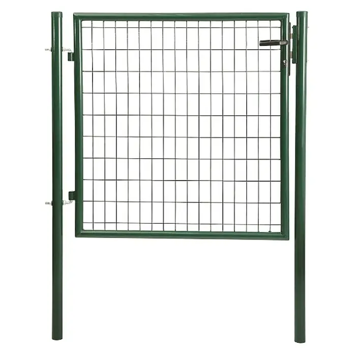Puerta de valla Residencial - 100 x 150 cm, Verde, Metal - Una puerta de malla metálica verde con aberturas cuadradas, que conecta dos postes, ideal para asegurar propiedades.