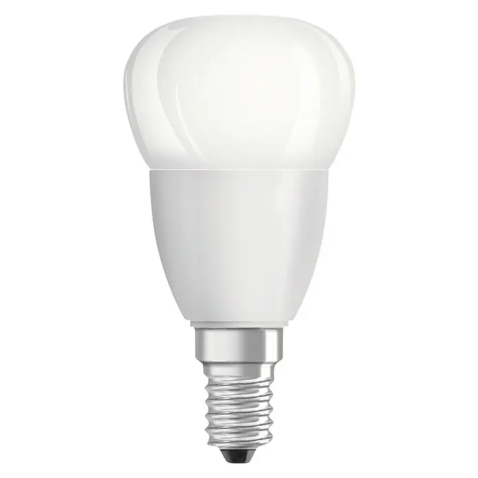 Voltolux Bombilla LED Gota - E14, No regulable, Blanco cálido, 470 lm, 5,7 W - Primer plano de una bombilla LED con base de rosca pequeña, ideal para iluminación decorativa y aplicaciones de bajo consumo.