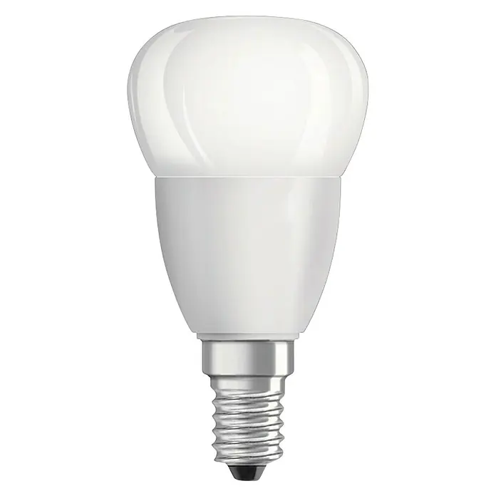 Voltolux Bombilla LED - E14, No regulable, Blanco frío, 470 lm, 5 W - Primer plano de una bombilla LED E14, con un acabado blanco mate y una base de rosca E14, sobre un fondo negro.