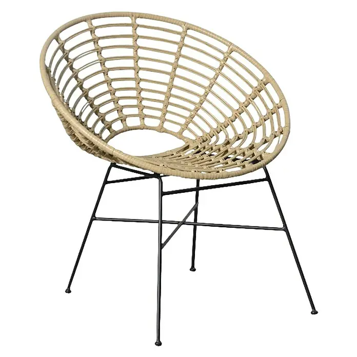Gartensessel Nora - Metall, Polyrattan, Beige, B x T x H: 44,5 x 72,5 x 78 cm - Korbstuhl mit schwarzen Metallbeinen. Der Sessel hat ein Korbmuster und ein modernes Design, ideal für den Innen- und Außenbereich.