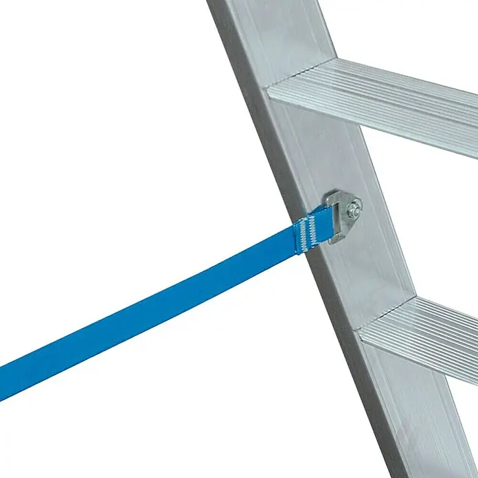Krause Stehleiter10 Stk., Arbeitshöhe: 4,35 m, Aluminium - Detailaufnahme einer Aluleiter mit blauem Gurt zur Stabilisierung, der an der Seite befestigt ist. Sicherheit und Stabilität für Ihre Arbeit.