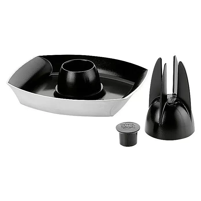Weber Style Soporte para asar pollos para barbacoa - Aluminio - Juego de asador de pollo negro y plateado con bandeja, cono central, soporte vertical y tapa para la parrilla.