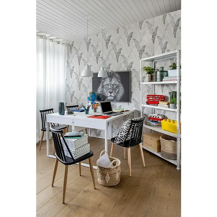 Nordlux Lámpara colgante redonda Pop - 60 W, Ø x Al: 21,5 x 23 cm, Blanco, E27 - Espacio de trabajo luminoso con escritorio blanco, sillas y estantería llena de decoraciones, ideal para estudiar o trabajar.