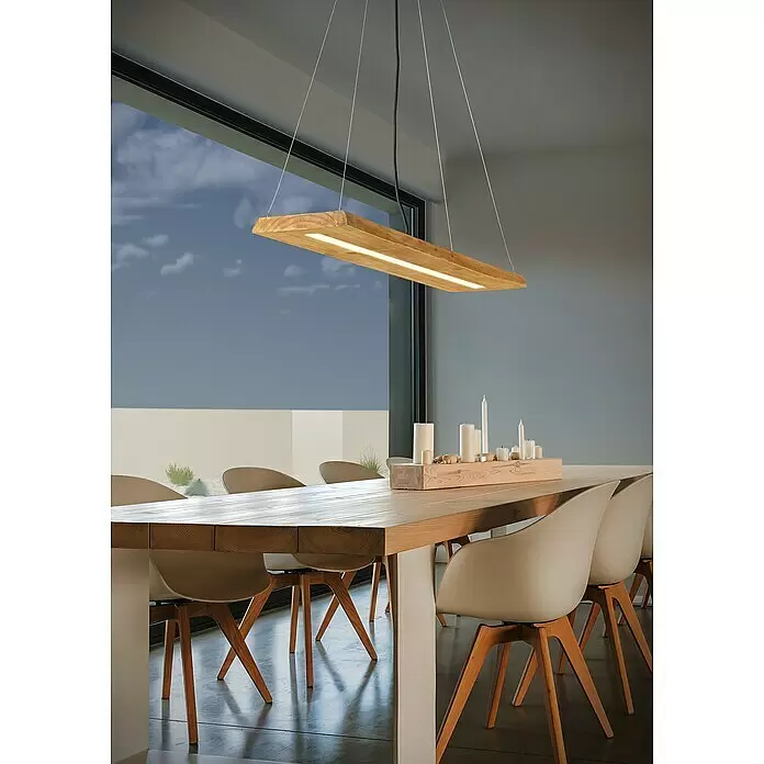 Trio Leuchten Brad LED-Pendelleuchte - 27 W, L x B x H: 20 x 100 x 150 cm, Holz, Warmweiß - Stimmungsaufnahme