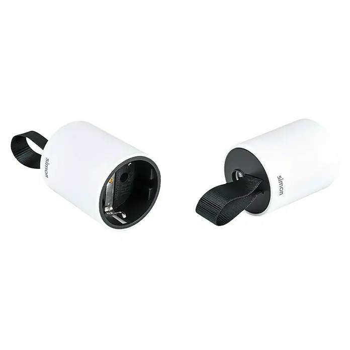 Simon Base aérea móvil - IP20, Blanco - Adaptador de enchufe blanco Simon con correa negra, ideal para viajes y uso diario, ofreciendo comodidad y facilidad de uso.