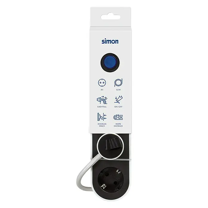 Simon Base de enchufe múltiple - x 4, Negro/blanco, Longitud del cable: 1,4 m, IP20, Con interruptor - Primer plano de una regleta blanca Simon con las especificaciones en el embalaje.