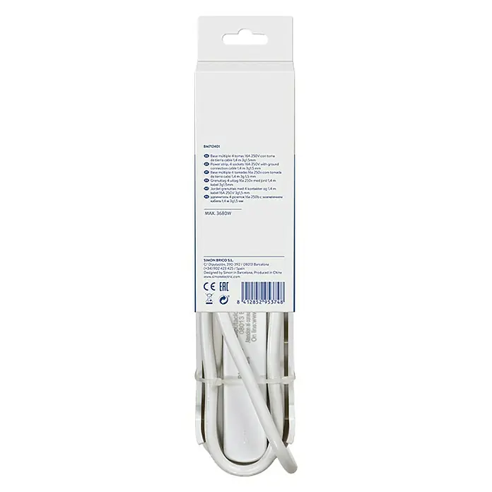 Simon Base de enchufe múltiple - x 4, Negro/blanco, Longitud del cable: 1,4 m, IP20, Con interruptor - La imagen muestra una toma de corriente múltiple con cuatro conexiones y un cable de 1,4 m. La toma de corriente tiene una potencia máxima de 3680W.