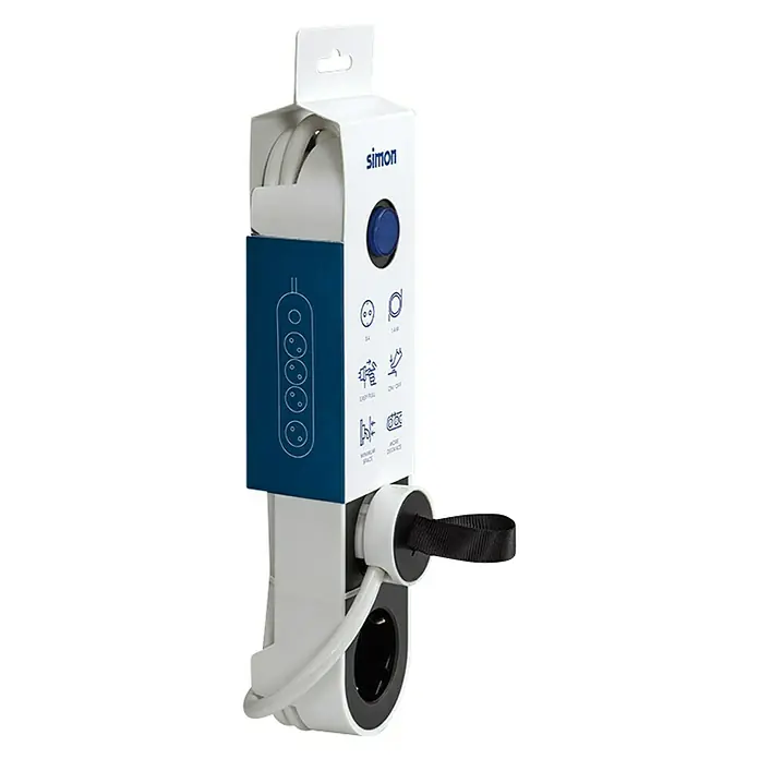 Simon Base de enchufe múltiple - x 4, Negro/blanco, Longitud del cable: 1,4 m, IP20, Con interruptor - El producto es una regleta Simon en su embalaje blanco, con detalles azules, mostrando el logotipo de la marca y las características del producto.
