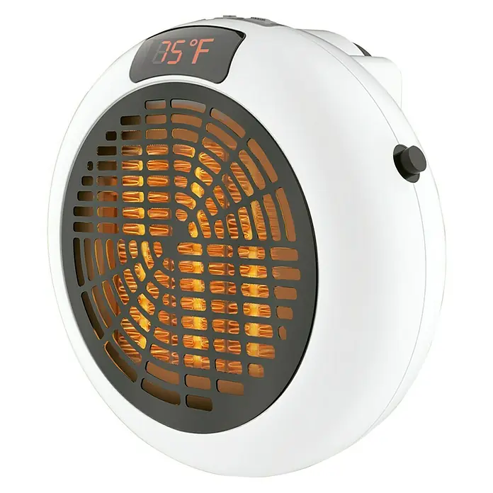 Estufa de pie infrarrojos Insta Heater - 10,5 x 14 x 14 cm, 600 W, Blanco/Negro - Calefactor compacto y portátil con pantalla digital de temperatura y rejilla protectora para un uso seguro.