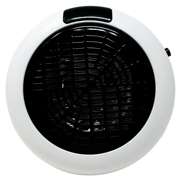 Estufa de pie infrarrojos Insta Heater - 10,5 x 14 x 14 cm, 600 W, Blanco/Negro - Imagen de un calefactor portátil redondo con carcasa blanca y rejilla negra. Ideal para una distribución rápida del calor en espacios pequeños.