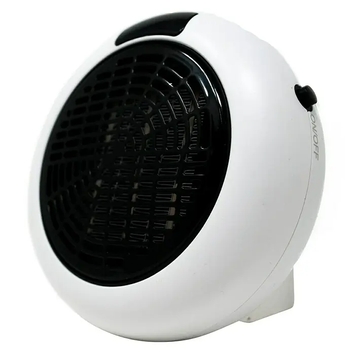 Estufa de pie infrarrojos Insta Heater - 10,5 x 14 x 14 cm, 600 W, Blanco/Negro - Primer plano de un calefactor eléctrico blanco con rejilla negra e interruptor de encendido/apagado.