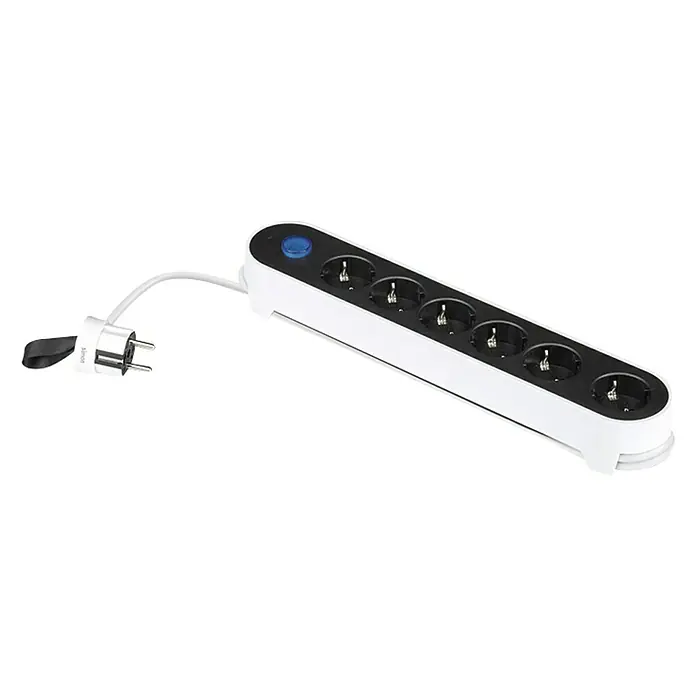 Simon Base de enchufe múltiple - x 6, Negro/blanco, Longitud del cable: 1,4 m, IP20, Con interruptor - Regleta de enchufes con seis tomas e interruptor azul, ideal para conectar varios dispositivos simultáneamente.