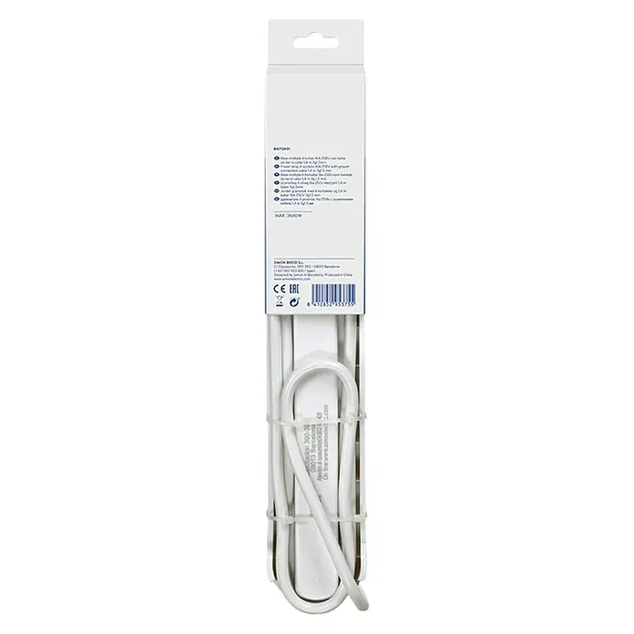 Simon Base de enchufe múltiple - x 6, Negro/blanco, Longitud del cable: 1,4 m, IP20, Con interruptor - Primer plano de un cable de extensión de la marca Simon con 3680W máx., envasado en una caja rectangular.