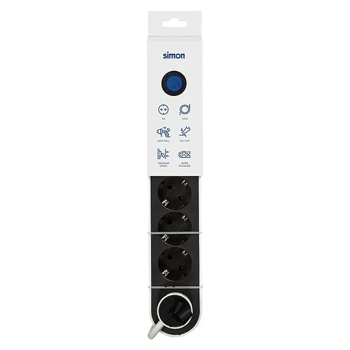 Simon Base de enchufe múltiple - x 6, Negro/blanco, Longitud del cable: 1,4 m, IP20, Con interruptor - Regleta Simon con seis tomas, cable de 1,4 m y función de fácil extracción para mínimo espacio y más distancia.