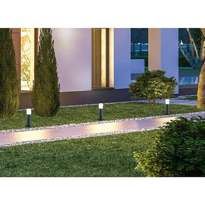 Lámpara de pie para exterior Hoosic - 28 W, Color del marco: Negro, Sin bombillas, Altura: 30 cm - La luz bolardo ilumina el camino y crea un ambiente agradable en el jardín. El diseño moderno se adapta perfectamente a cualquier zona exterior.