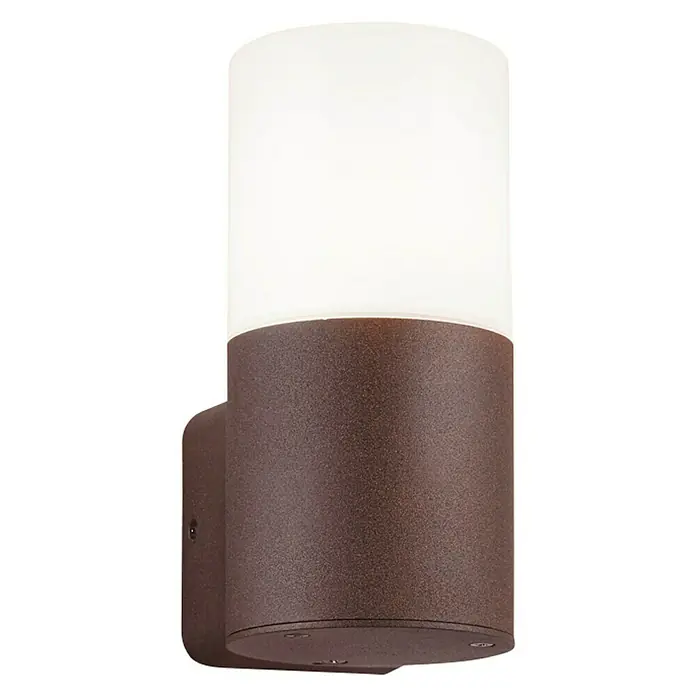 Aplique exterior Hoosic - 28 W, 12 x 9 x 33 cm, Marrón, IP44 - Una elegante lámpara de pared marrón con una pantalla cilíndrica blanca, perfecta para espacios exteriores modernos.