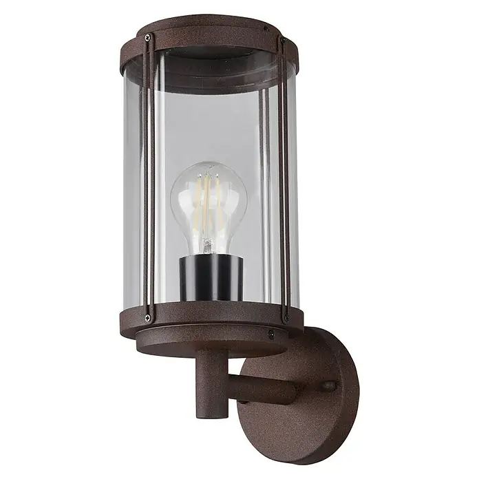 Aplique exterior Tanaro - 40 W, 14 x 20 x 31 cm, Marrón, IP44 - Un aplique de pared rústico con un cilindro de vidrio transparente y una bombilla decorativa, que emite un brillo cálido y acogedor.