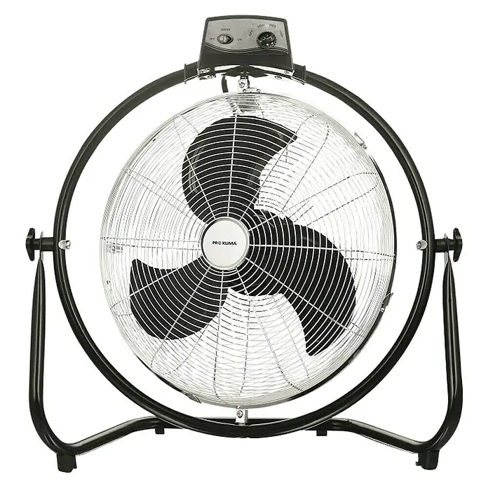 PR Klima Ventilador de suelo Speed - 100 W, Plateado/Negro, 45 cm - La imagen muestra un ventilador de suelo Pro Klima con un marco negro robusto y una rejilla de seguridad plateada, ideal para la circulación del aire.