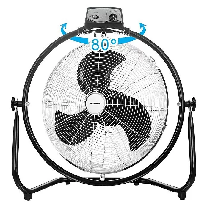 PR Klima Ventilador de suelo Speed - 100 W, Plateado/Negro, 45 cm - Ventilador de suelo de metal negro con rejilla plateada, aspas negras y oscilación de 80 grados para amplia distribución de aire.