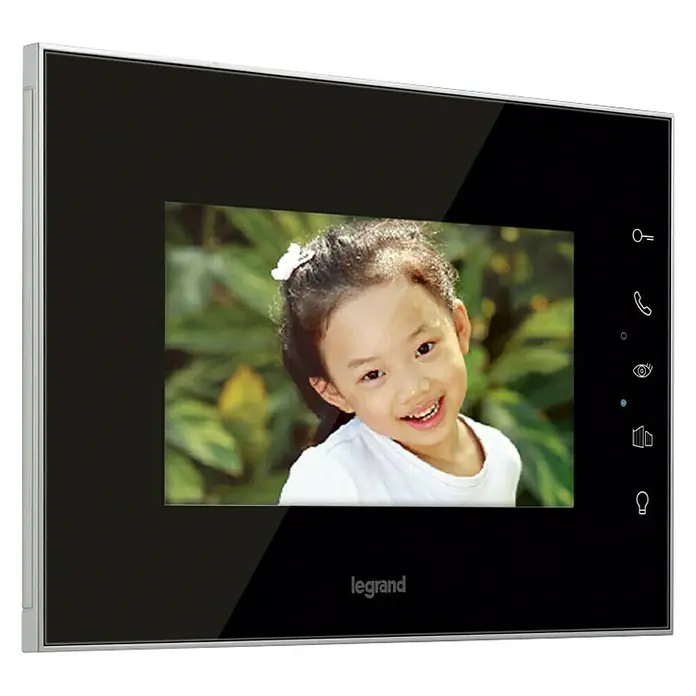 Legrand Monitor de interfono adicional 7" - Negro - Imagen de un videoportero Legrand con una pantalla brillante y controles intuitivos. El producto destaca por su alta funcionalidad.