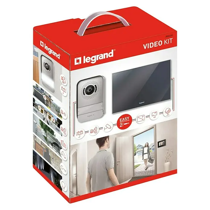 Legrand Videoportero kit espejo - Número de usuarios: 1 ud., Gris - Un kit de vídeo Legrand en una caja roja con asa, que consta de una cámara y una pantalla para la videovigilancia del área de entrada.