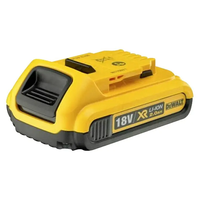 DeWalt Akku-Bohrschrauber DCD791D2-QW - 18 V, 2 Akkus, 2 Ah, 70 Nm - Das Bild zeigt einen gelben 18V/XR 2.0Ah DeWalt Li-Ionen-Akku mit schwarzer Basis, der für Werkzeuge und Geräte verwendet wird.