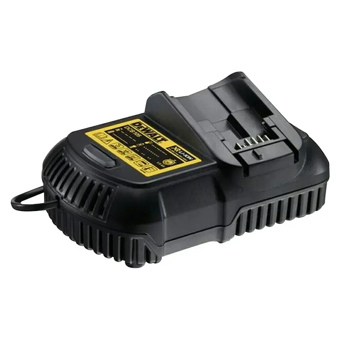 DeWalt Akku-Bohrschrauber DCD791D2-QW - 18 V, 2 Akkus, 2 Ah, 70 Nm - Das Bild zeigt ein DEWALT DCB105 Akku-Ladegerät in Schwarz und Gelb. Es ist für XR Li-Ion Akkus geeignet und lädt diese schnell auf.