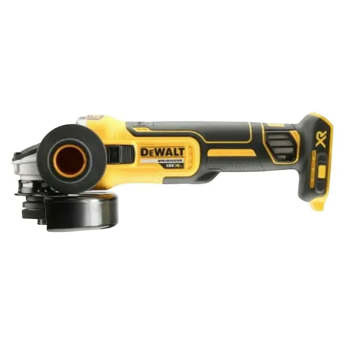 DeWalt XR 18V Amoladora angular de batería DCG405N-XJ - 18 V, Sin batería, Diámetro disco: 125 mm, Número de revoluciones de marcha en vacío: 9.000 r.p.m. - Imagen de una amoladora angular inalámbrica DeWalt amarilla y negra. Herramienta compacta e inalámbrica para tareas de lijado y corte.