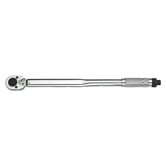 Alpha Tools Llave dinamométrica - 28 Nm - 210 Nm, ½″, 5 pzs. - Primer plano de una llave dinamométrica cromada, una herramienta esencial para un apriete preciso.