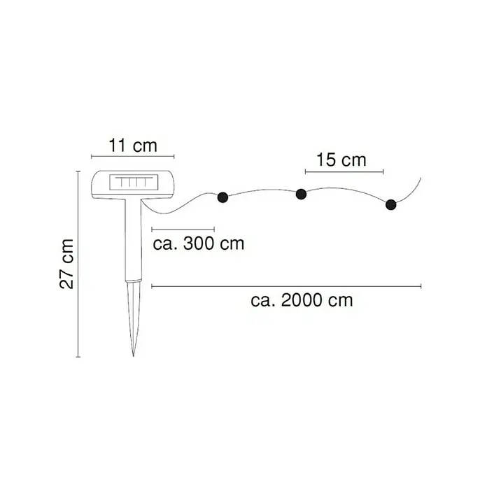 Globo Solar-Lichterkette - 20 m, IP44, Lichtfarbe: Warmweiß - Abbildung einer Solarlichterkette mit Erdspieß, die eine Länge von ca. 2000 cm und einen Lampenabstand von 15 cm aufweist.