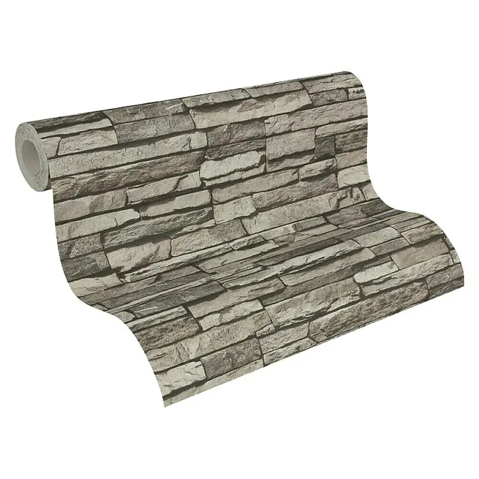 A.S. Création Elements Vliestapete Bruchsteinmauer - Grau/Creme, Steinoptik, 10,05 x 0,53 m - Eine Rolle Tapete mit Steinmauer-Motiv in Grau- und Brauntönen, ideal für moderne Innenräume.